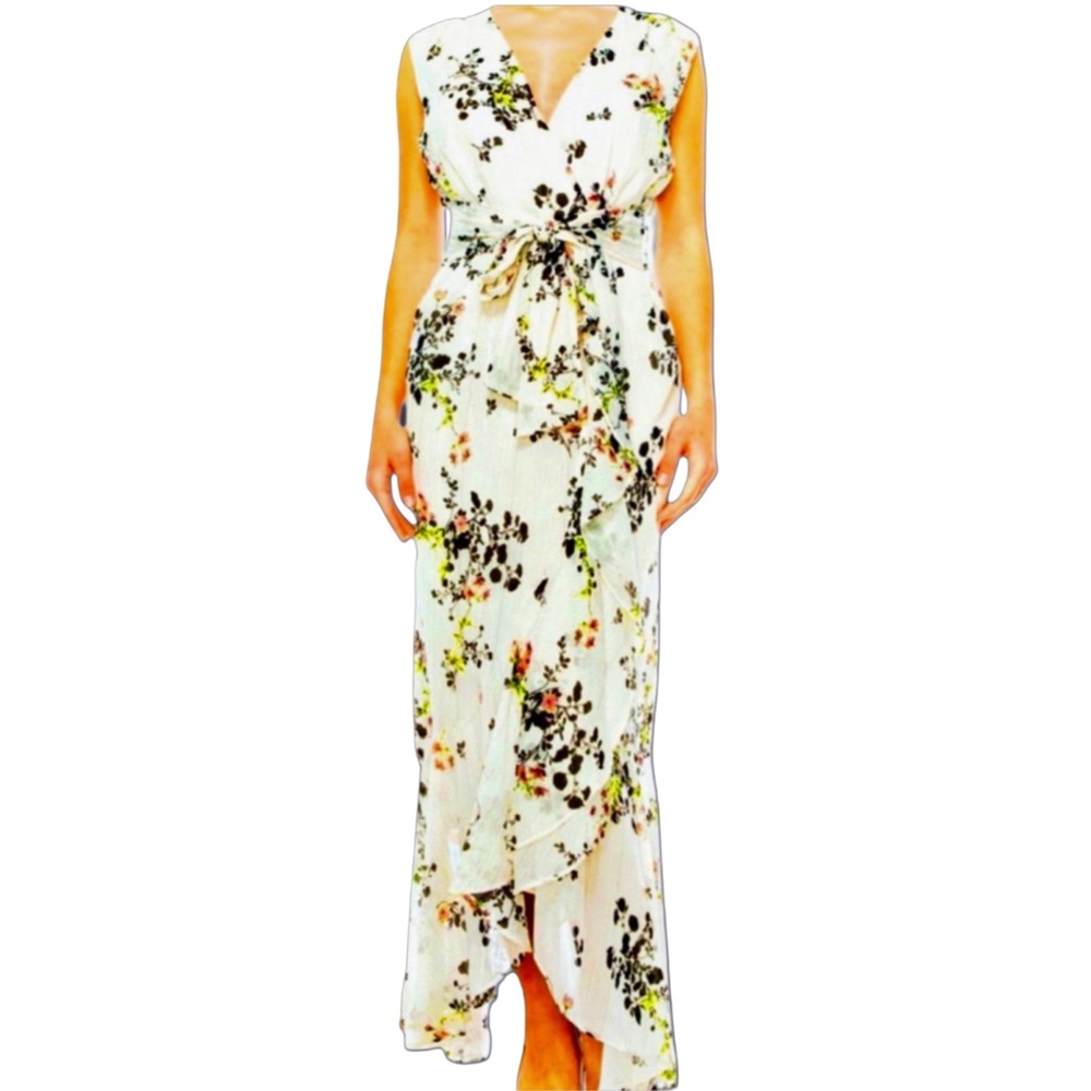 Maison Tara White Cream Floral Metallic Sleeveless Ruffled Wrap Maxi Dress Sz 14
